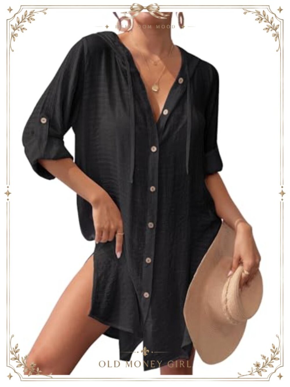 Womens Sheer Button Down Hooded Beach Swim Cover Up Long Sleeve